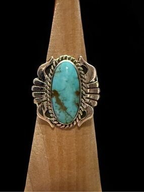 Turquoise Oval Stone Sterling-Silver signed Women's Statement Ring